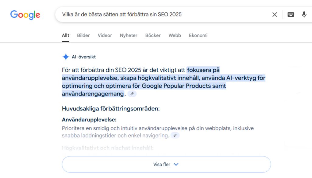 sökresultat på Google som visar AI sökresultat, med sökningen, vilka är de bästa sätten att förbättra sin SEO 2025