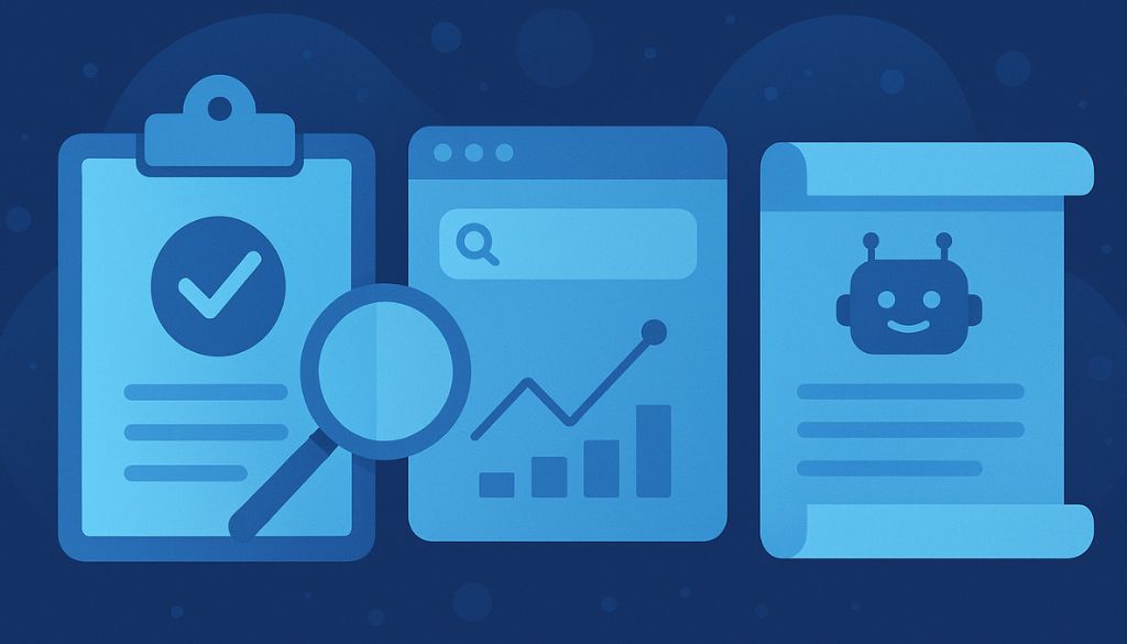 Illustration som visar tre ikoner relaterade till artificiell intelligens och informationssökning. Till vänster syns en clipboard med en checkmark, i mitten ett webbfönster med ett förstoringsglas, en sökruta och en stigande graf, och till höger en rullad sida med en robotikon. 