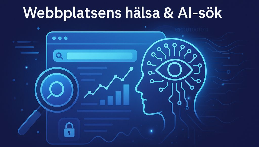 Illustration med texten "Webbplatsens hälsa & AI-sök". Bilden visar ett stiliserat webbgränssnitt med en sökruta, stapeldiagram och ett förstoringsglas. Till höger finns en silhuett av ett människohuvud med ett öga och kretsar som symboliserar artificiell intelligens.