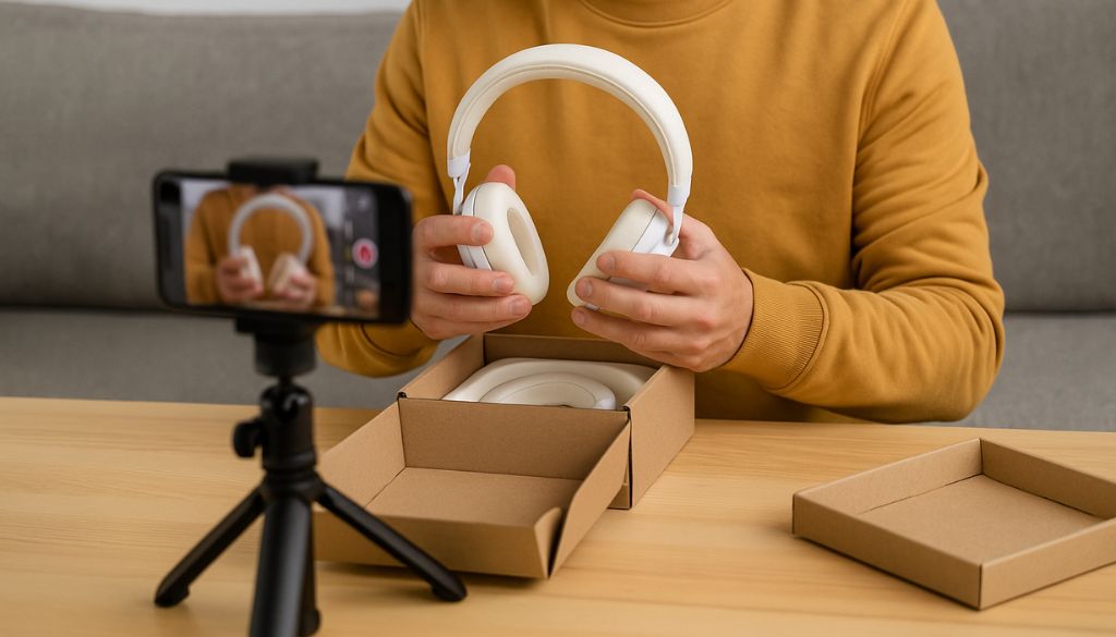 Person gör en unboxing av hörlurar framför en kamera på stativ, exempel på engagerande User Generated Content (UGC).