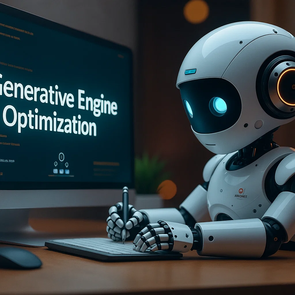 En humanoid robot sitter vid ett skrivbord framför en datorskärm med texten 'Generative Engine Optimization', och skriver med en penna, vilket symboliserar AI och teknik i arbete.