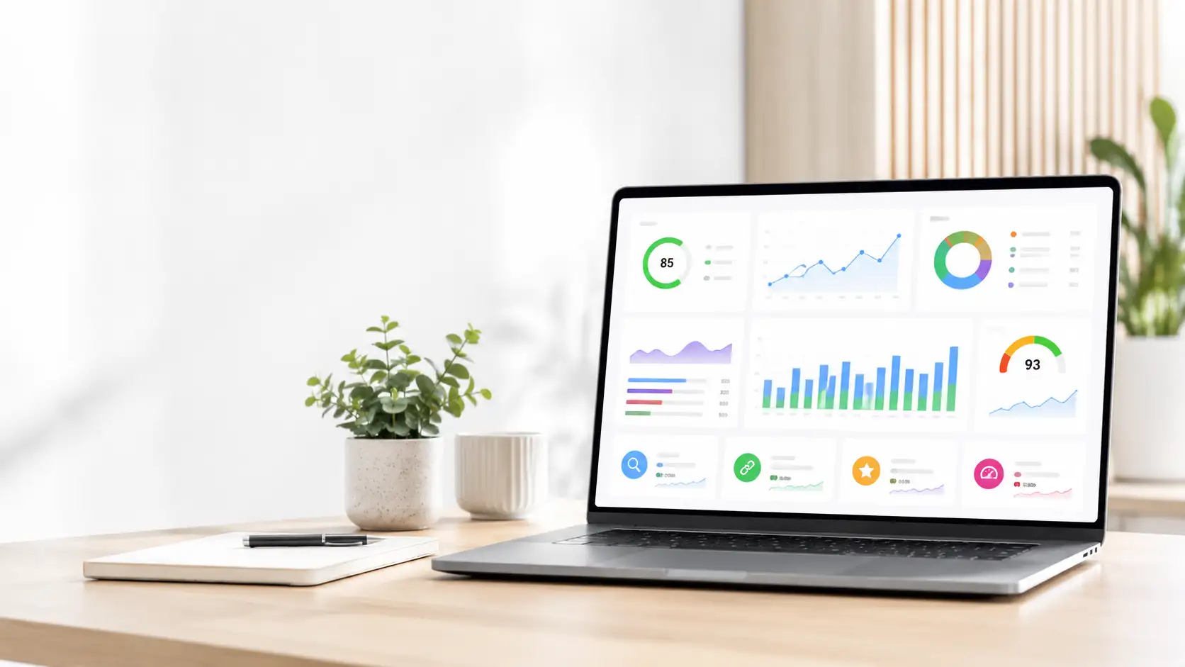 Bilden visar en SEO-analys på en laptop-skärm